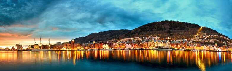 Bergen Bryggen harbor panorama at sunset, Norway
