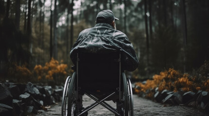 Back view of a man in a wheelchair with a physical disability and mobility disorder