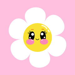Cute head of chamomile with kawaii smile. Vector illustration, isolated on pink background in cartoon style