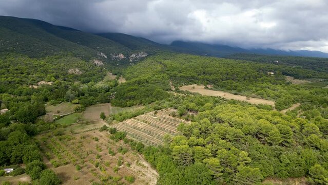 Aerial Panorama between Vaugines and Cucuron: Cloudy Skies Over Ancient and New Forests in PACA, Provence &ndash; A Drone&rsquo;s View