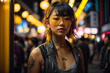 chica asiática de aspecto alternativo con bonitos tatuajes y gafas de sol amarillas, de pie en una calle de Tokio con neones por la noche. - obrazy, fototapety, plakaty