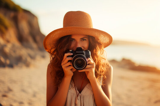 woman taking photo with camera. Generative Ai