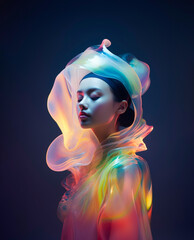 Futuristic dreamy woman surrounded by liquid iridescent shapes. Cyber fashion background. AI generated image
