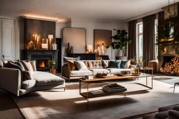  luxury living room interior, A cozy, luxury, and modern living room with large windows, sofa, decoration, and fireplace