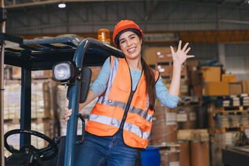 happy woman forklift staff worker work in warehouse logistics loading cargo products storage industry