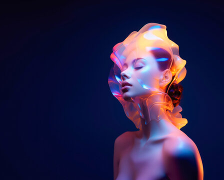 Futuristic dreamy woman surrounded by liquid glowing shapes. Cyber fashion background. AI generated image