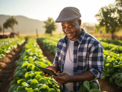 African American farmer standing in field and using tablet. Agricultural man working on the tablet