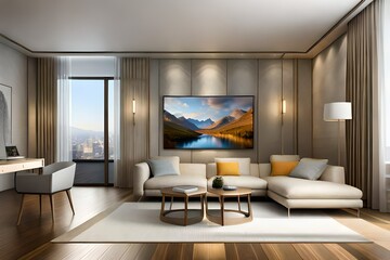 modern living room with corner sofa and painting on back wall