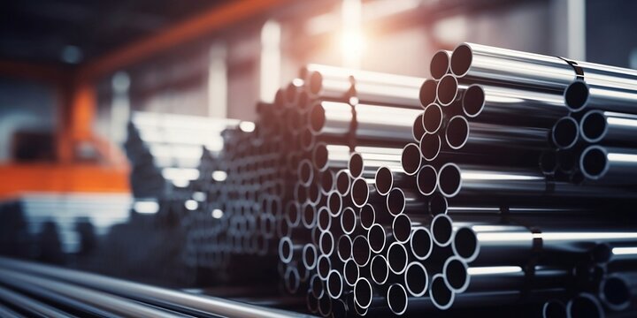 A stack of steel pipes in a warehouse or factory with a blurry background. AI generative.