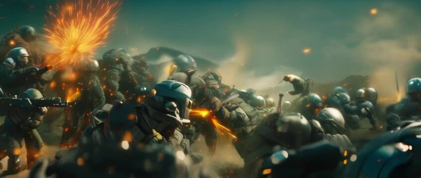 Futuristic war concept. Military silhouettes fighting scene on war, Battle in ruined city. Selective focus. High quality 4k footage