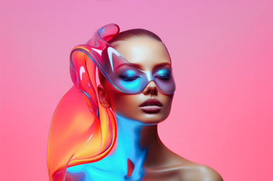 Futuristic woman portrait with liquid neon element. Iridescent hues background. Ai generated image