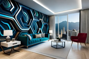 modern living room with sofa and 3d back wall ( blue and white)