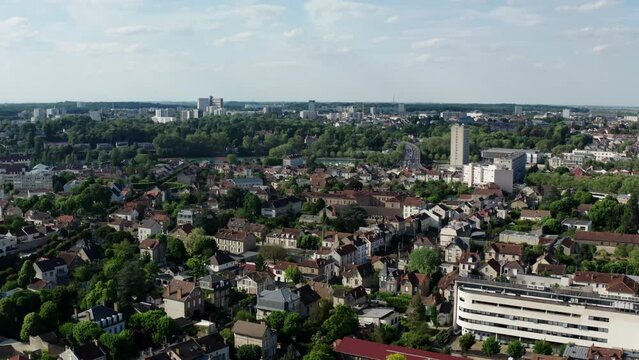 France, Melun, Lille, drone aerial view above the Melun city. Wide footage