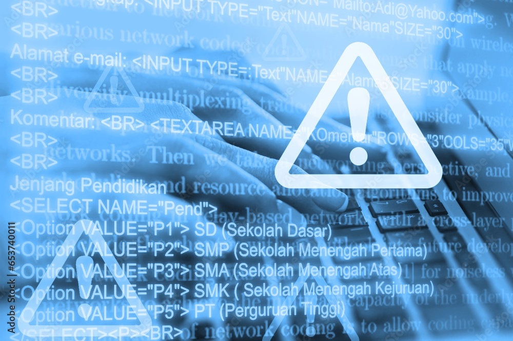 Poster cyber security. man works on computer with alert sign