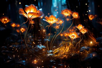 Step into a dreamlike forest filled with luminous mushrooms and enchanting flowers.