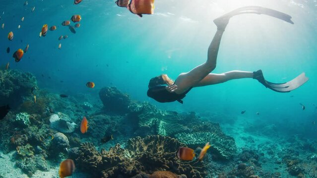 Young woman swims in the ocean. Female freediver glides underwater over the coral reef
