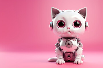 Cute toy robot cat on pink background 