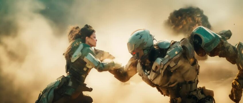 Futuristic war concept. Dramatic scene of female military in futuristic outfit fighting with robot, Battle in ruined city. Selective focus. High quality 4k footage