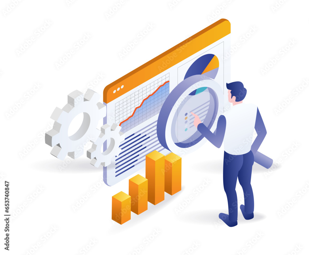Poster man analyzing data with magnifying glass