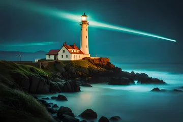 Tuinposter lighthouse on the coast at night © Salma