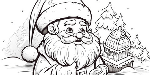 Santa Claus with boxes of gifts for children. Winter Christmas black and white coloring page
