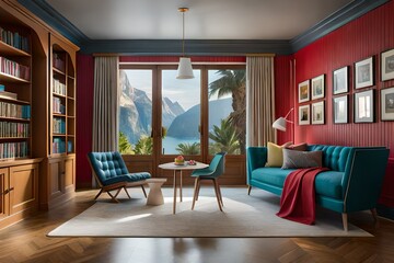 velvet blue and red furniture in a nature view room interior 