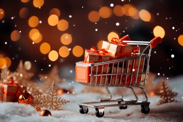 Get into the holiday spirit with a cart full of beautifully wrapped Christmas gifts at the local store. - obrazy, fototapety, plakaty