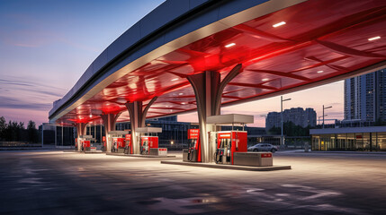 Generative AI, gas station at night, light of lanterns, gasoline pumps, modern urban architecture, petroleum products, refuel the car, fuel, convenience store, vehicle maintenance, space for text