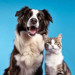 Naklejka na ściany i meble Paws and Whiskers Tabby Cat and Border Collie Dog Against the Calm Blue Gradient Background