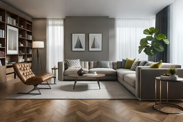 modern living room with corner sofa - obrazy, fototapety, plakaty