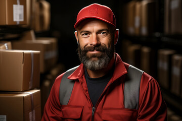 Obraz premium Male worker standing in warehouse full goods. Logistics Distribution Center