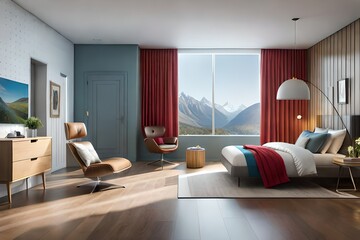 modern kids room with play area, sky-blue and red combo