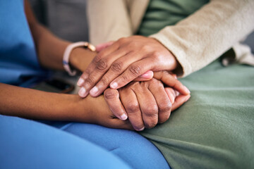 Hands, empathy and helping with life crisis, caregiver with patient for support and grief...