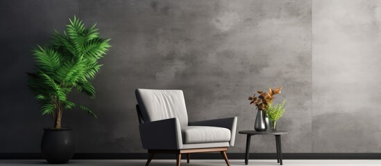 an armchair in a living room with a concrete wall background