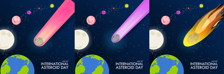 Set of International Asteroid Day Greeting Cards, June 30th. Asteroid day collection. Different asteroids on space gradient background with stars and solar system. Vector Illustration. EPS 10. Square
