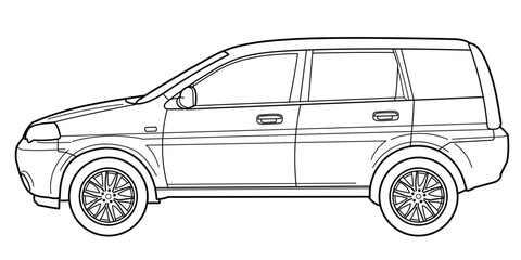 Classic luxury suv car. Crossover car front view shot. Outline doodle vector illustration. Design for print, coloring book	
