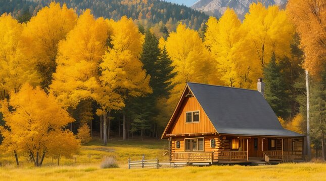 Autumn image showcasing a cozy cabin nestled among the golden trees.