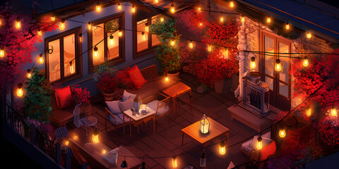  View of a comfortable outdoor  balcony with a table and chairs and lights  A Luxurious Balcony Retreat Adorned with Tables, Chairs, and Illuminating Lights AI Generative 