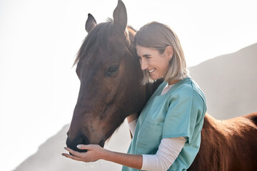 Horse doctor, care and smile outdoor at farm for health, care or happy with love for animal in...