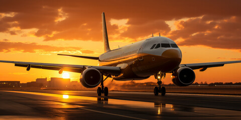 Fototapeta na wymiar Commercial airplane taxiing in an airport runway at sunset - air transport concept