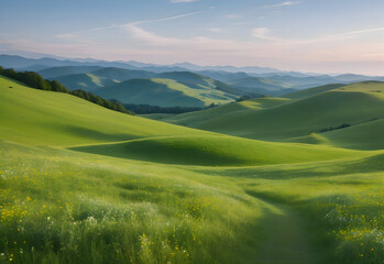 Fototapeta premium amazing natural green grassland with mountains landscape wallpaper 