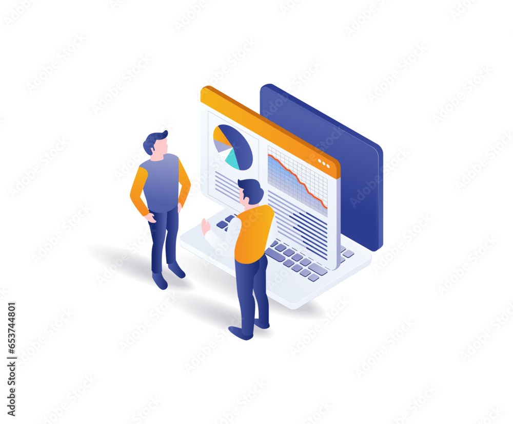 Poster team discussion about business computer analysis data
