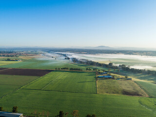 Paddocks of green crops and farm house beside river with mist on horizon