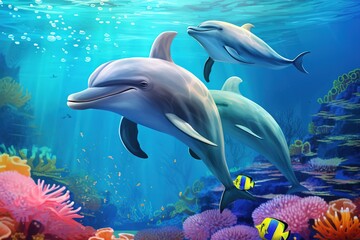 Fototapeta na wymiar colorful tropical underwater theme with dolphins