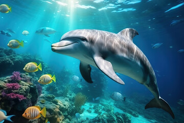 colorful tropical underwater theme with dolphins