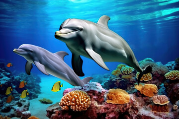 Fototapeta premium colorful tropical underwater theme with dolphins