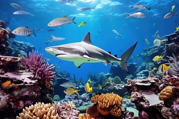 Fototapeta na wymiar colorful tropical underwater shark theme near the reef