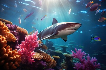 colorful tropical underwater shark theme near the reef - obrazy, fototapety, plakaty