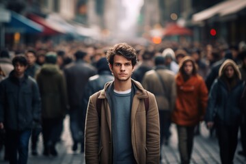 Introverted man looking at the camera feeling awkward in a crowd generative ai - obrazy, fototapety, plakaty