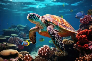 Obraz na płótnie Canvas colorful tropical underwater turtle theme near the reef
